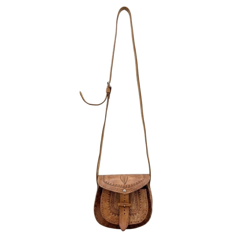 Handmade Tooled Leather Crossbody Bag Small Tan Floral Boho Saddle Purse